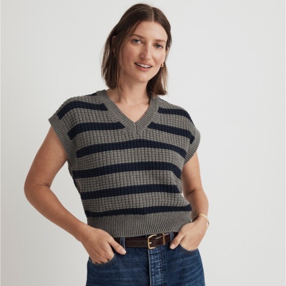 Madewell Gray and Black V-Neck Sweater